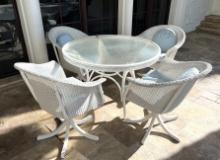 White Rattan Outdoor Patio Set, (5) Piece, Table and (4) Chairs
