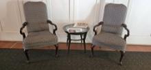 Push Pin High Back Upholstered Wood Chairs with Wood and Glass Center Table (some fading)