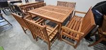 59" x 59" Outdoor Eucalyptus Dining Table (426) Two 60" Matching Benches (362) and (4) Matching Chai