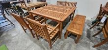59" x 59" Outdoor Eucalyptus Dining Table (426) Two 60" Matching Benches (Richfield) and (4) Matchin