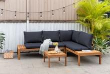 BRAND NEW OUTDOOR 100% FSC SOLID TEAK WOOD FINISH SEATING SET WITH BLACK CUSHIONS