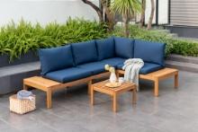 BRAND NEW OUTDOOR 100% FSC SOLID TEAK WOOD FINISH SEATING SET WITH BLUE CUSHIONS