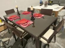 78” x 40” Brown Liberty 200 Wrapped Rattan Dining Table with Glass Top and (6) Brown Liberty Arm cha