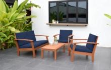 BRAND NEW OUTDOOR 100% FSC SOLID WOOD 4 PIECE CONVERSATION SET WITH BLUE REMOVABLE CUSHIONS