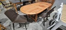 83" x 35" Eucalyptus Outdoor Dining Table with Leaf and (6) Plastic Bucket Chairs - Extends to 82"