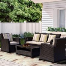 BRAND NEW OUTDOOR SYNTHETIC BLACK WICKER/ALUMINUM 5-PERSON SEATING SET BLACK WITH CREAM CUSHIONS