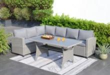 BRAND NEW OUTDOOR 5-PERSON GREY SYNTHETIC WICKER SOFA LOUNGE SET WITH DINING TABLE