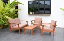BRAND NEW OUTDOOR 100% FSC SOLID WOOD 4 PIECE CONVERSATION SET WITH KHAKI REMOVABLE CUSHIONS