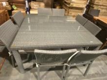59” x 59” Liberty gray Wrapped rattan dining table with glass top and eight chairs with white cushio