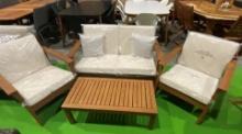 4 pc. Kingsbury Hardwood Outdoor Patio Set with White Cushions. The set includes (1) Two Cushion Lov
