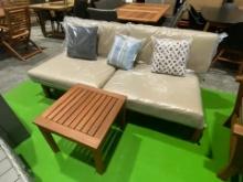 Derbyshire Outdoor Hardwood Patio set with Beige Cushions and three Throw Pillows. The set includes