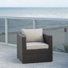 BRAND NEW OUTDOOR BROWN SYNTHETIC WICKER & ALUMINUM FRAMING CHAIR WITH SUNBRELLA BEIGE CUSHIONS