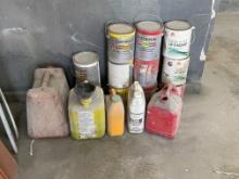 Misc Lot of Paints, Thiners and Gas Cans