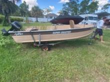 Small approx 12' John Boat with Mercur 80HP rear mounted engine.The boat comes on a trailer. The Boa
