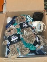 Box of Sports items - UM helmet, bears and misc.
