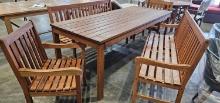 Atalaya 34" x 83" Outdoor Dining Table with (2) 364 Arm Chairs and (2) 362 5' Benches