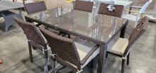 Liberty 360 Brown 36" x 63" Glass Top Outdoor Table with (4) Matching Liberty Arm Chairs and (2) Arm