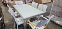 36" x 64" Glass Top and Aluminum Table with (6) White Aluminum Arm Chairs