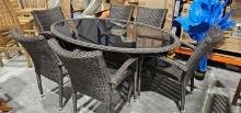 Bari Oval 43 x 73" Glass Top Outdoor Table with (6) Matching Arm Chairs