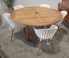 Outdoor Wooden Table with 5 Plastic/Aluminum Chairs with cushions- 59 inches Diameter