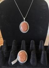 Magical Red Sun Stone Ring and Necklace Set