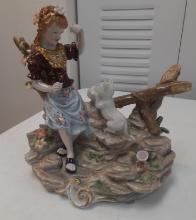 Little Girl playing with cat - Dresden porcelain - 6 inches tall