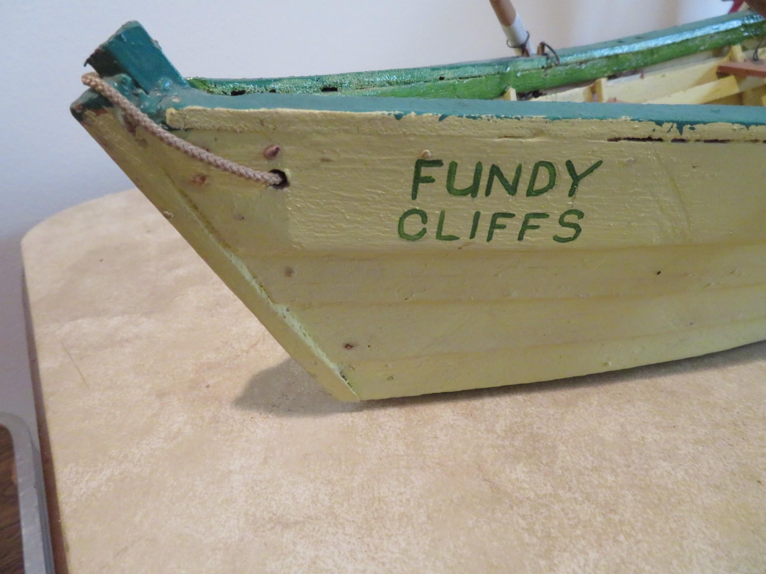 Ship in a bottle"Sybella of Fire Island" and Row Boat "Fundy Cliffs" 19" in