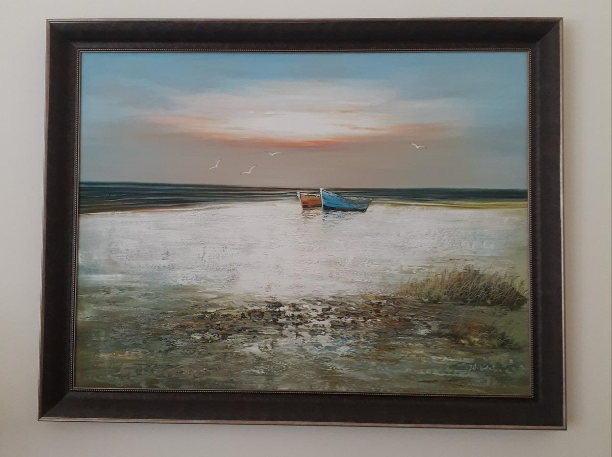 Signed Artwork by W Van - Boats on Shore - 53.5 x 41.5 in