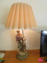 Large Porcelain Lamp and shade, girl with vase, 43H 23" Round, slight damage back corner