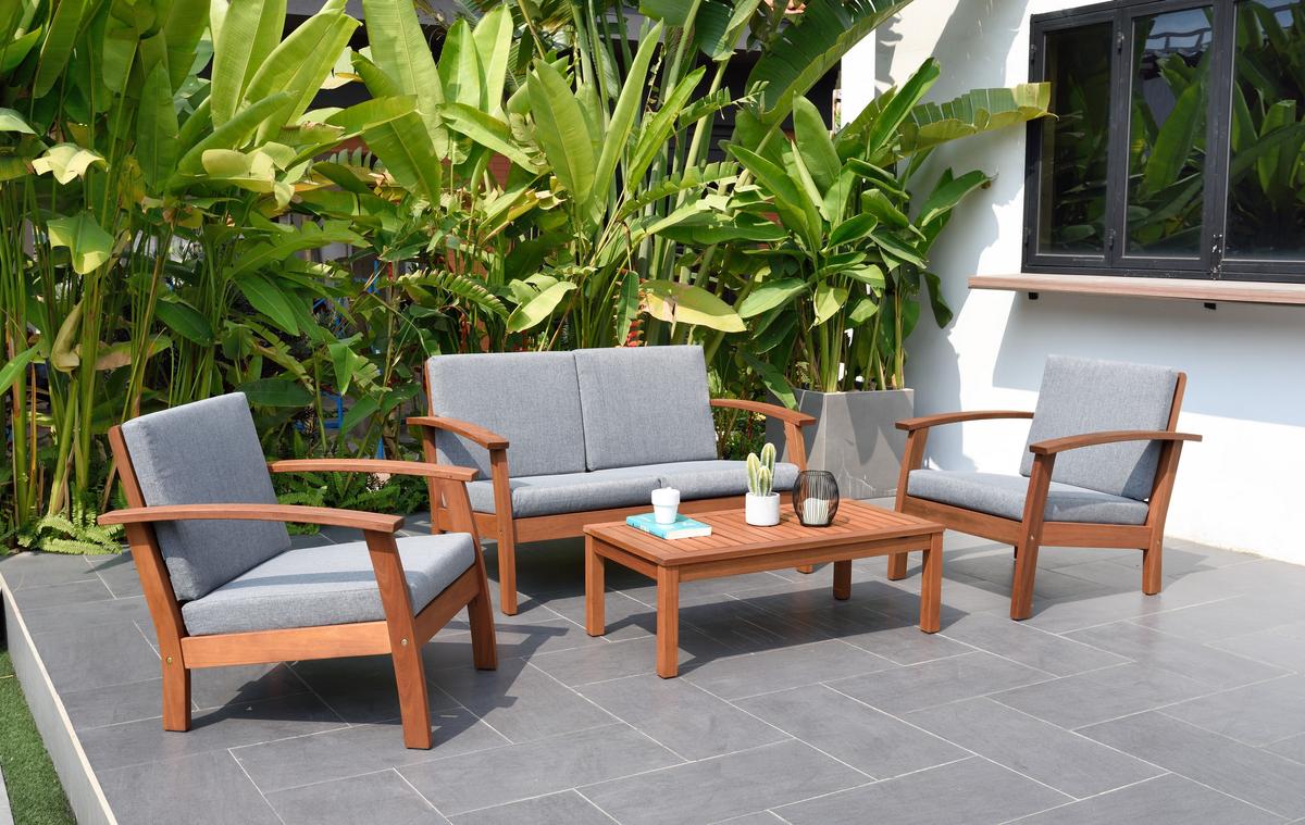 BRAND NEW OUTDOOR 100% FSC SOLID WOOD 4 PIECE CONVERSATION SET WITH GREY REMOVABLE CUSHIONS - ORIGIN