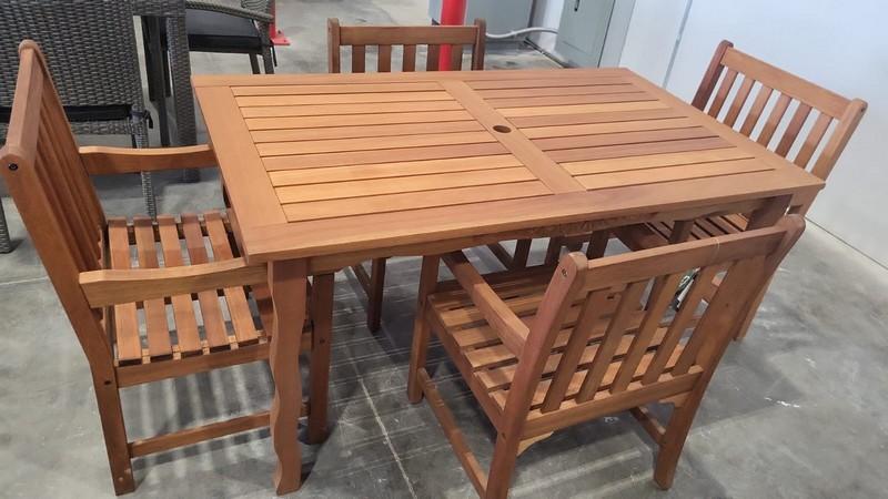 OPEN BOX - BRAND NEW OUTDOOR 100% FSC SOLID WOOD TABLE WITH 2 ARMCHAIRS AND 2 TWO-SEATER BENCHES