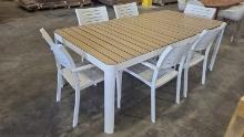 OPEN BOX - BRAND NEW 82â€� x 41â€� White Aluminum Frame & Duraboard Dinning Table With (6) Aluminum