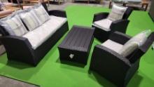 BRAND NEW OUTDOOR SYNTHETIC BLACK WICKER/ALUMINUM 5-PERSON SEATING SET BLACK WITH CREAM CUSHIONS - O