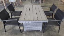 OPEN BOX - BRAND NEW OUTDOOR 100% SYNTHETIC WICKER & FAUX WOOD  RECTANGULAR TABLE WITH 4 ALUMINUM &