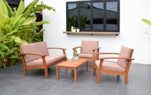 BRAND NEW OUTDOOR 100% FSC SOLID WOOD 4 PIECE CONVERSATION SET WITH KHAKI REMOVABLE CUSHIONS - ORIGI