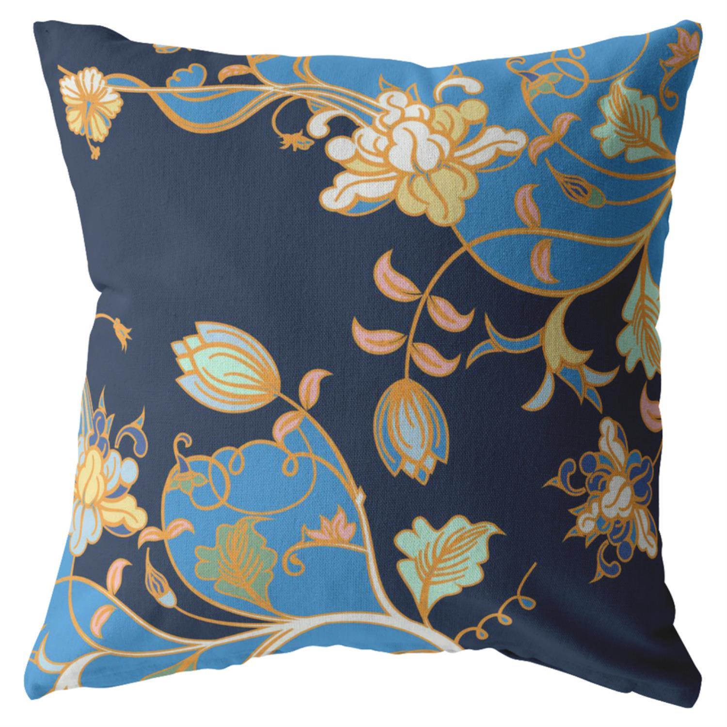 Amrita Sen Broadcloth Pillow With Light Blue on Navy Finish CAPL9BrCDS-BL-18x18