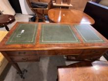 Mirtle Burl desk with green leather top and two pull out extensions on each side