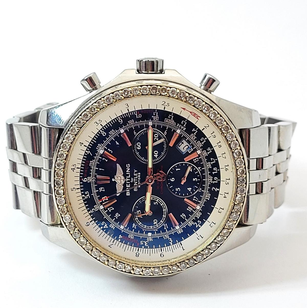 Mens Breitling Bentley Diamond Bezel St. STeel Chronograph Watch