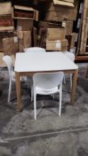 BRAND NEW Hard Wood Dining Table with Polypropylene All weather Top and (4) White Stacking Recycled