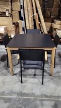 BRAND NEW Hard Wood Dining Table with Polypropylene All weather Top and (4) Black Stacking Aluminum