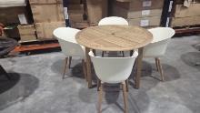 BRAND NEW OUTDOOR 100% FSC SOLID TEAK FINISH WOOD ROUND TABLE 47" WITH 4 RECYCLED PLASTIC CHAIRS WHI