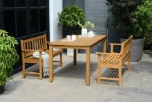 BRAND NEW OUTDOOR 100% FSC SOLID TEAK FINISH WOOD RECTANGULAR TABLE 60" x 34" AND 2 TWO-SEATER BENCH