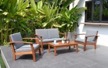 BRAND NEW OUTDOOR 100% FSC SOLID WOOD 4 PIECE CONVERSATION SET WITH GREY REMOVABLE CUSHIONS