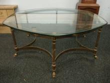 40" Brass Base Glass Top Coffee Table / Vintage Heavy 1" thick glass.