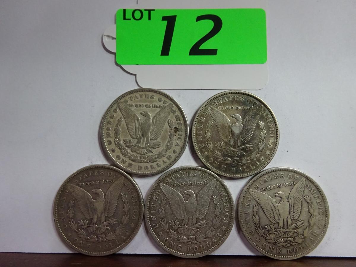 (5) MORGAN SILVER DOLLARS: 1879, 1882, 1890, (2) 1891. CIRCULATED CONDITION