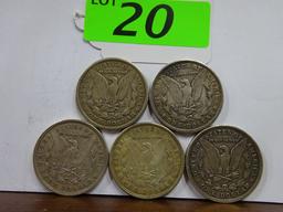 (5) MORGAN SILVER DOLLARS: (2) 1921, (2) 1921-D, 1921-S. CIRCULATED CONDITION