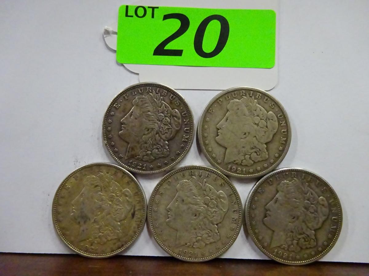 (5) MORGAN SILVER DOLLARS: (2) 1921, (2) 1921-D, 1921-S. CIRCULATED CONDITION