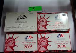 (4) U.S. MINT SILVER PROOF SETS: 2005, 2006, 2007, 2008.