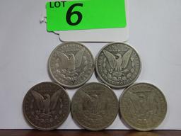 (5) MORGAN SILVER DOLLARS: 1889-O, 1890-O, 1891-S, 1899-O, 1900-O. CIRCULATED CONDITION