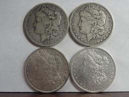 (4) VF-AU MORGAN SILVER DOLLARS, 1886, 1887-O, 1889-O, 1890